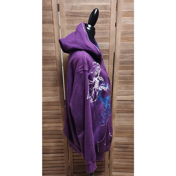 Ruthless Art 2X Beaded, Embroidered Purple Full Zip Floral Skull Hooded Sweater - Picture 3 of 7